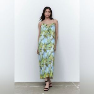 NWT ZARA BLUE GREEN PRINTED RUFFLE TULLE MAXI DRESS